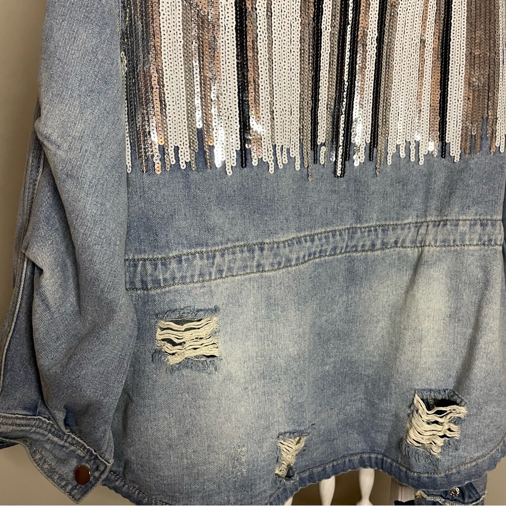 Scripted Distressed Denim Jacket With Sequin Embe… - image 6